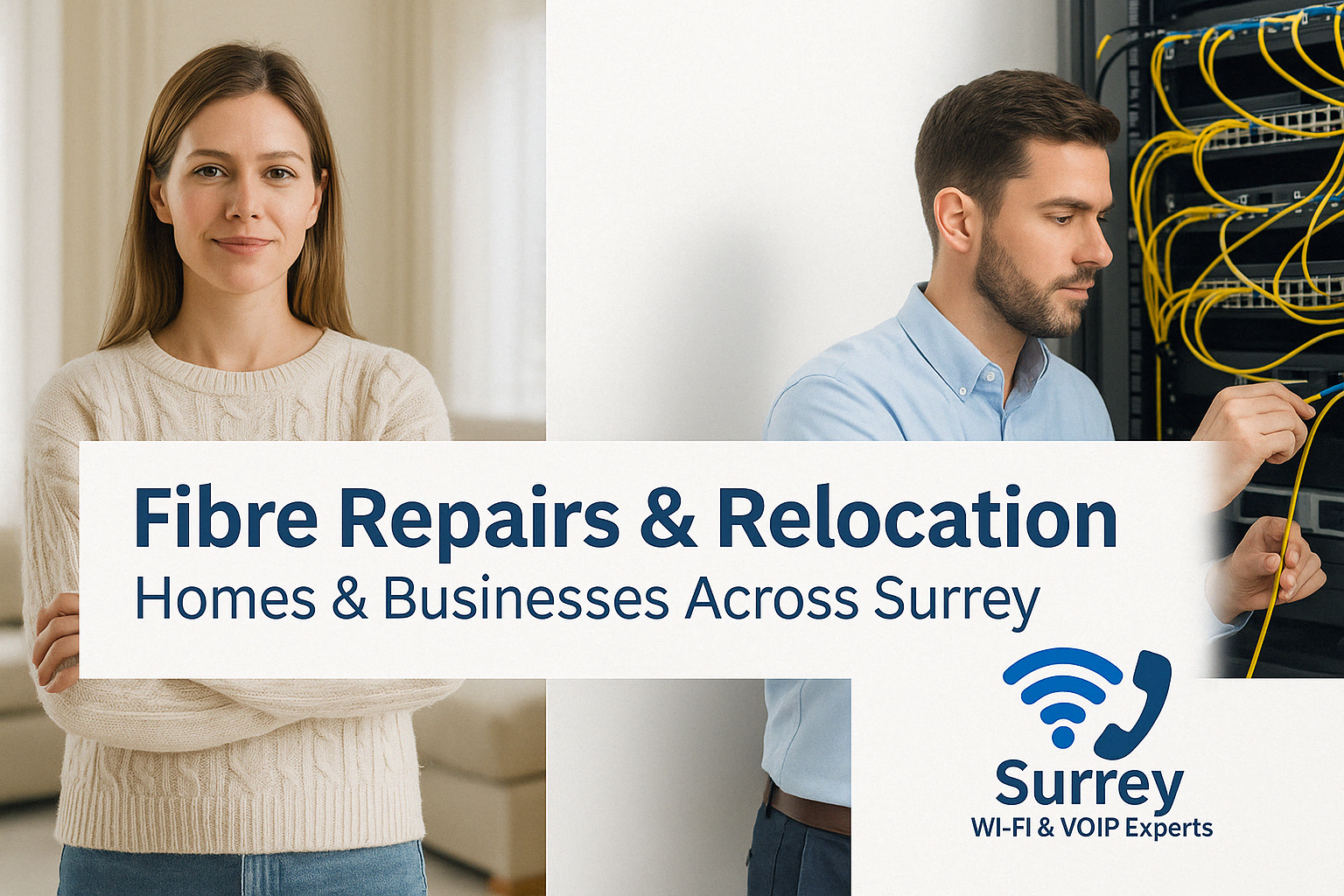 Plugged In Comms technician repairing fibre broadband for a business client in Surrey, with branding promoting fibre repair and relocation for homes and offices