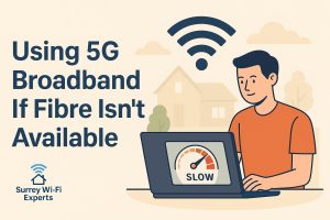 Illustration of a person using a laptop with slow internet, highlighting 5G broadband for homes without fibre in Surrey as a fast alternative