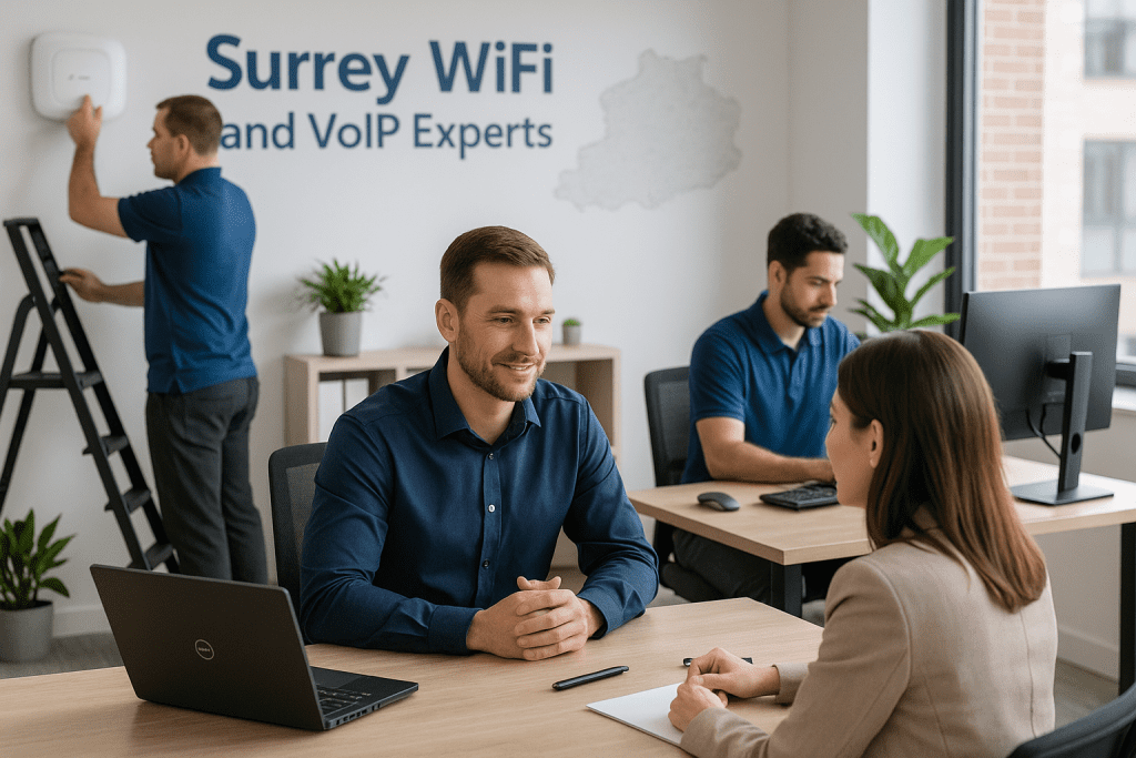 Team at Surrey WiFi and VoIP Experts in a modern office, meeting with a client and installing Wi-Fi equipment, representing professional broadband and VoIP services in Surrey.