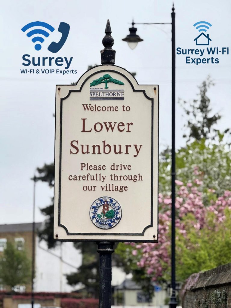 Sign reading ‘Lower Sunbury’ with Surrey WiFi and VoIP Experts branding, used on our contact page to represent local broadband, Wi-Fi, and VoIP services in Surrey. Highlights our presence in Sunbury-on-Thames and commitment to fast, expert support for homes and businesses without access to fibre internet.