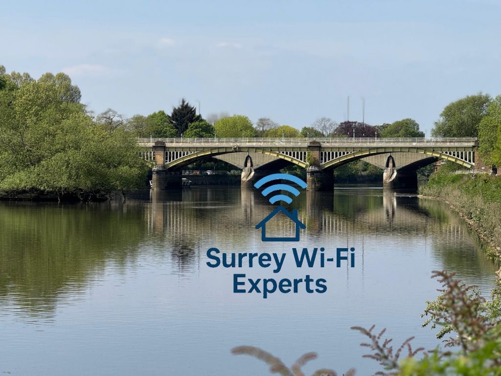 Scenic view of Richmond upon Thames with Plugged In Comms Wi-Fi logo overlay, highlighting local fibre broadband repair and connectivity services.