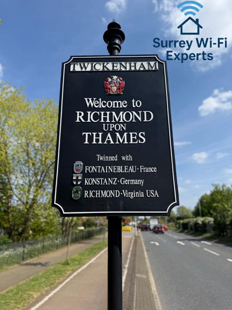Welcome to Richmond upon Thames road sign with Surrey Wi-Fi Experts logo, representing local internet and broadband services.