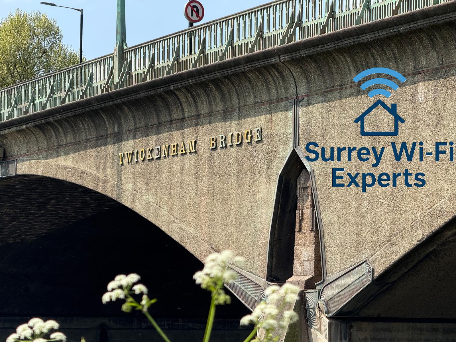 Twickenham Bridge with Surrey WiFi and VoIP Experts logo – local Wi-Fi and fibre broadband support in Surrey
