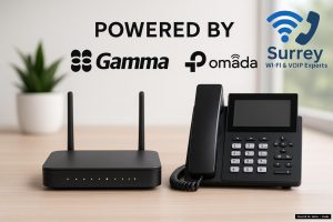 Modern connectivity setup with VoIP phone and router, labelled Powered by Gamma + Omada, showcasing VoIP and broadband rental in Surrey.
